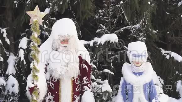 圣诞老人和雪少女靠近圣诞树，特写