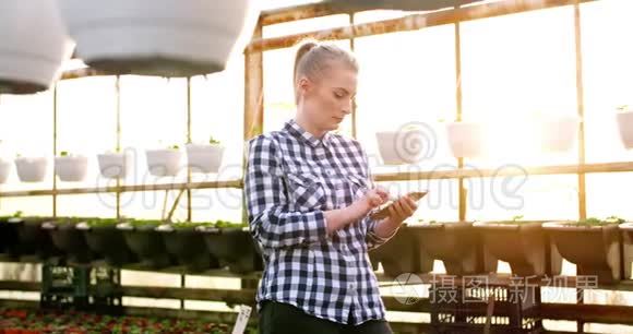 女植物学家在温室里用计算器