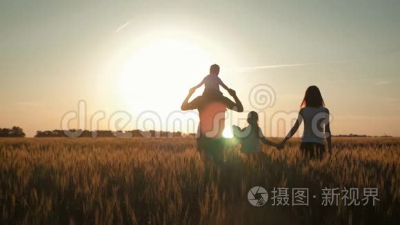 在温暖的夏日傍晚，一家人在夕阳下的麦田里散步。 小儿子坐在父亲的肩上