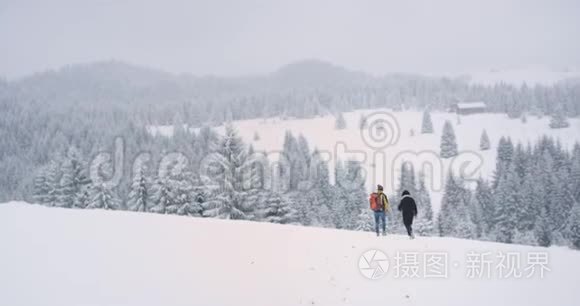 雪山森林奇观两位游客远行雪原视频