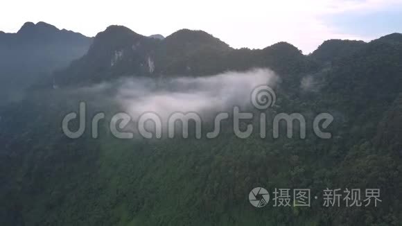 浓雾笼罩在陡峭的森林山空中视频