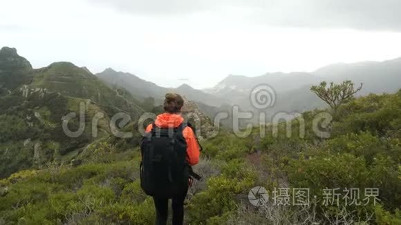 年轻女子在高山上漫步，在美丽的风景中漫步在仙人掌和热带植物之间。 旅游路线上的女士