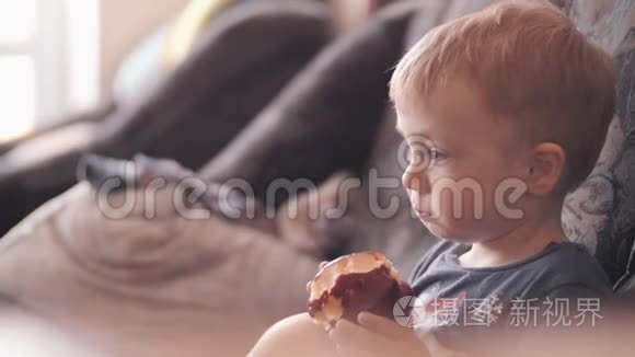 小男孩在吃苹果。 健康饮食健康食品