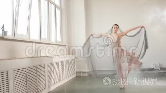 现代风格的芭蕾舞演员，前在雾中的灰色背景工作室