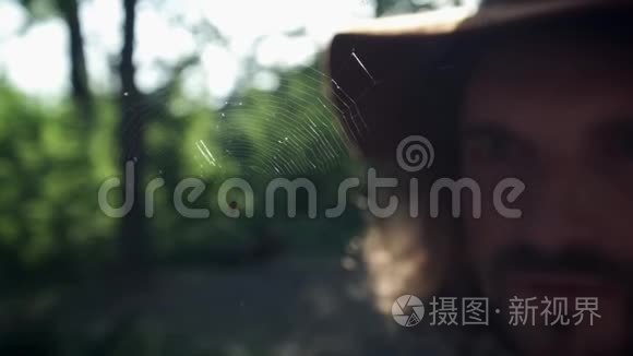 一个年轻人在树林里探索一只大蜘蛛。旅行者用一只大蜘蛛看网