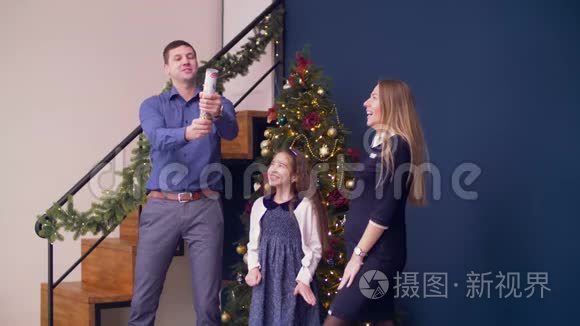 兴奋的家人用鞭庆祝圣诞节视频