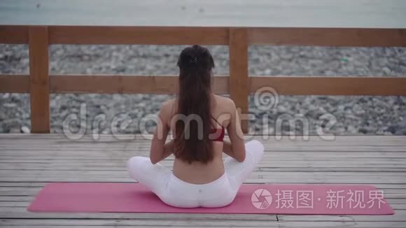 女人坐在莲花的位置，沉思着，看着海景，看着背影