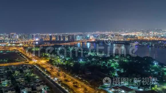 迪拜城市临近运河的夜间节奏视频