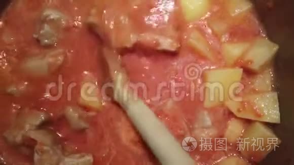 用番茄酱和土豆在锅里炖牛肉视频