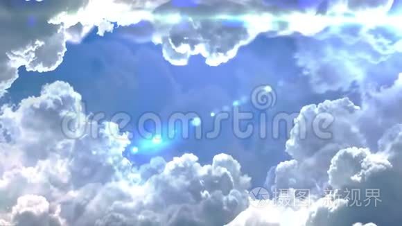 用镜头光斑三维动画在天空中穿越云层
