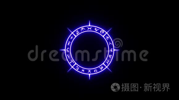 白色神秘的圆圈与神秘的符号与脉冲蓝色发光在无缝的循环短视频
