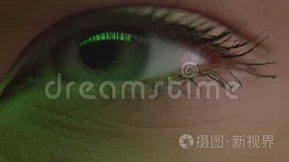 近景拍摄的浅蓝色眼睛闪烁与反射灯在绿灯和斜视。