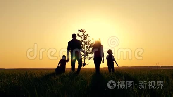 幸福，与孩子紧密结合的家庭，夕阳下农民在户外牵手的剪影。 爸爸抱着一棵小树