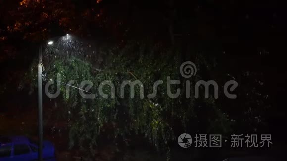 一盏灯在雨夜的城市里闪烁。 电力问题。 恐怖之夜。 雨夜闪烁的路灯.. 看法