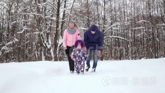 一家有乐趣的雪地林地视频