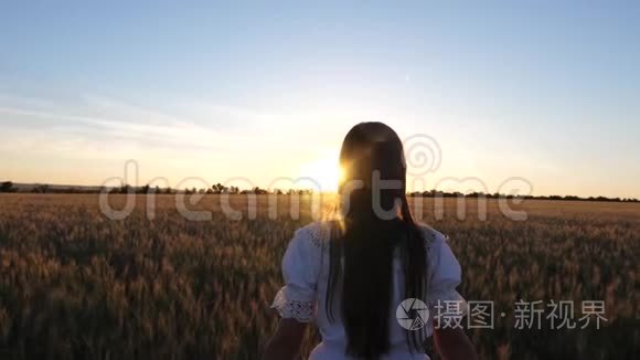 快乐的孩子在田野里散步。 快乐的女孩带着黄色的小麦走过田野，用手摸着麦穗