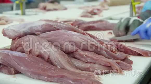 肉厂里新鲜的生猪肉粉视频