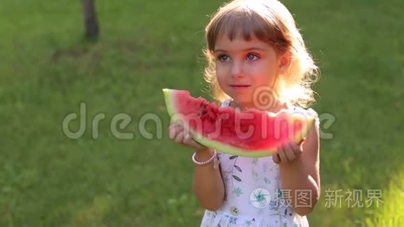 有着不同颜色眼睛的小女孩在草地上的公园里吃西瓜