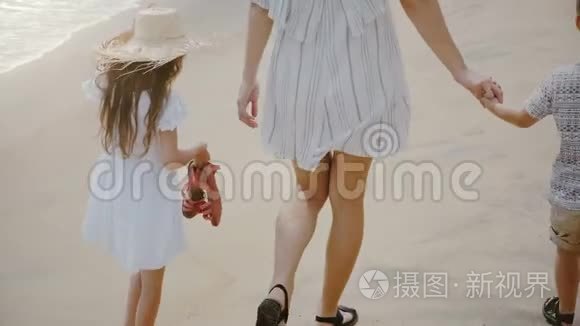 背面高角度观看快乐美丽的年轻妈妈和两个孩子一起沿着大气的沙滩散步。