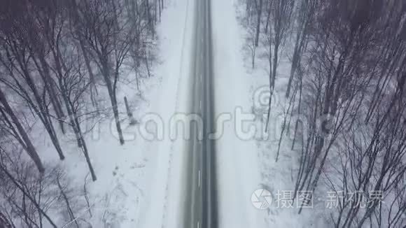 降雪时被冬林包围的道路的鸟瞰图