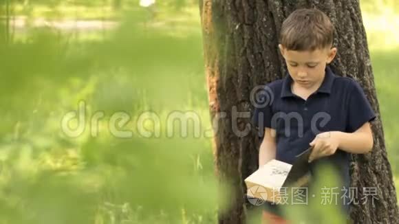 一个男孩在商场的公园里拿着一本书