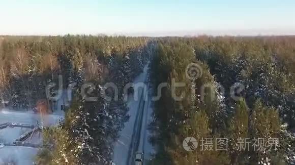 林中冬季道路的航拍照片视频