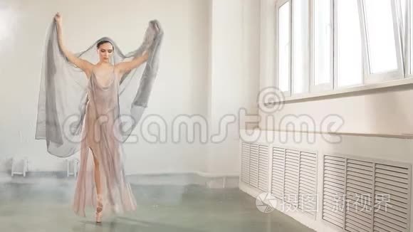 芭蕾舞演员穿着一件风景优美的衣服，正在演播室里跳舞。 身体芭蕾和艺术