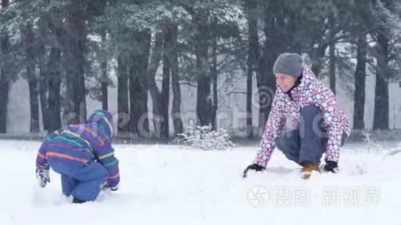 妈妈和孩子在冬季公园的背景下玩雪球