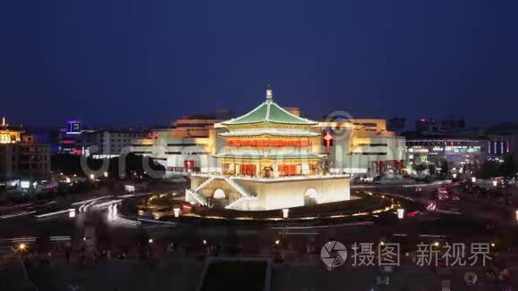 中国西安钟楼夜景时间视频