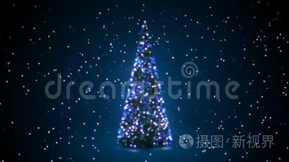 蓝色圣诞树与闪烁的灯光在雪中翻转在离焦的布克。 问候背景无缝三维