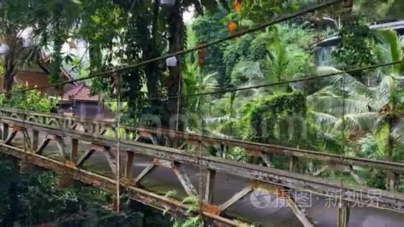 绿色丛林和度假别墅之间的锈桥视频
