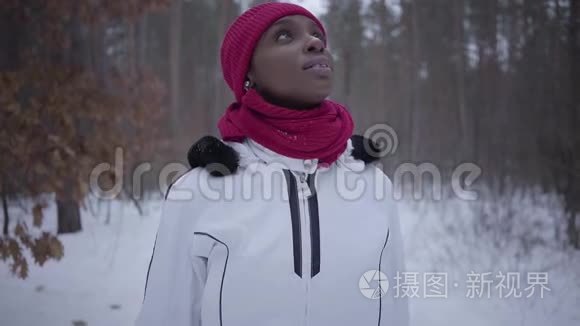 非裔美国女孩走在冬季森林抬头。 穿暖和夹克的漂亮女孩花时间在户外。 慢慢