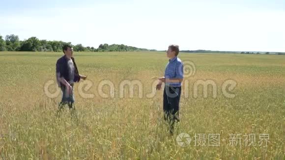 两个农夫站在麦田里，在日落时握手。