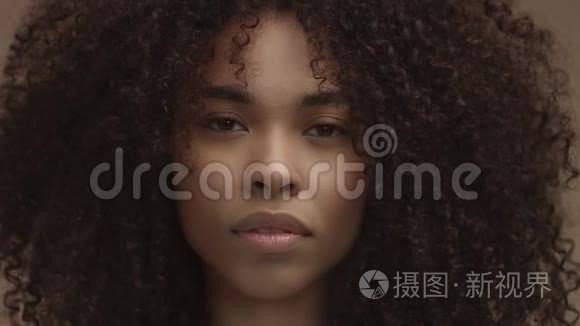 一幅黑色女人的正面肖像，一头巨大的卷发看着镜头
