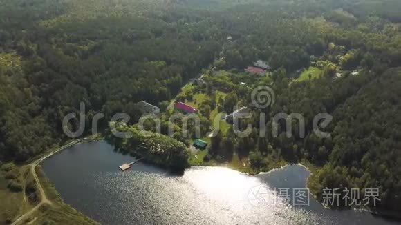 空中的夏季景观与湖泊环绕的绿色森林。 库存录像。 乡村景色