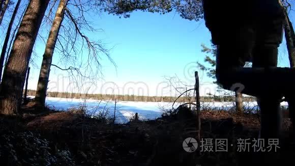 男子欣赏美丽的4K冰湖景观，阳光透过白桦松林