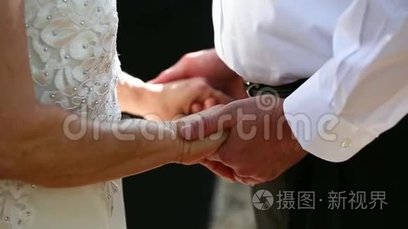 新婚夫妇手牵手日落背景镜头慢动作