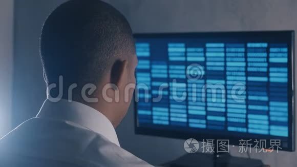 夜间办公室电脑显示器上程序员专业编程代码的背面视图