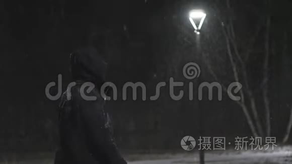 街灯里的那个人。 `在灯的背景下下雪。 在180fps内缓慢运动.. 雪花真美