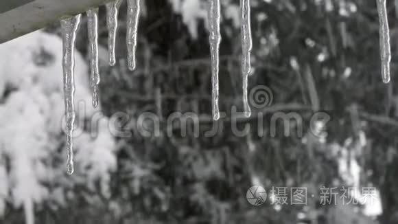 在暴风雪中，冰柱后面的雪落在了家里