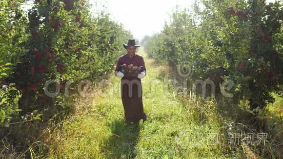 一个农夫在花园里提着一箱苹果视频