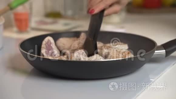 在电炉上煎锅里煎肉.. 女人在电炉上的煎锅里混合炒肉