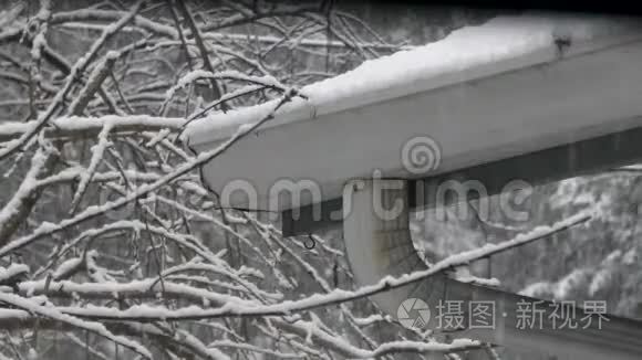 雪落在树旁破旧的房屋排水沟里视频