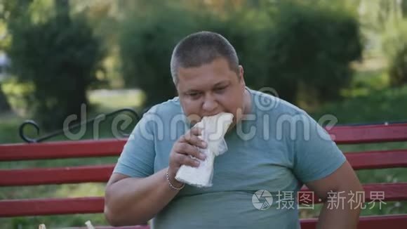 一个胖子在长凳上吃有害的快餐