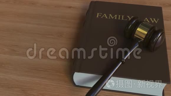 家庭法书上的法庭木槌。 概念动画