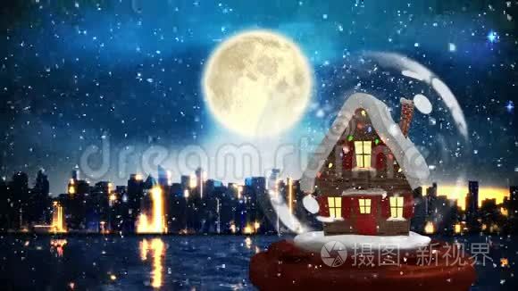 圣诞动画照明小屋与城市景观