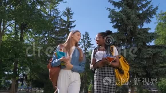 两位跨国女性朋友的肖像。 夏天女孩在公园里散步。 学生生活方式，友谊