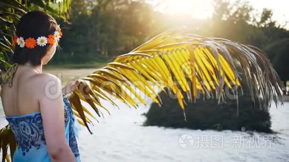 一个女孩抚摸一棵干枯的棕榈树视频