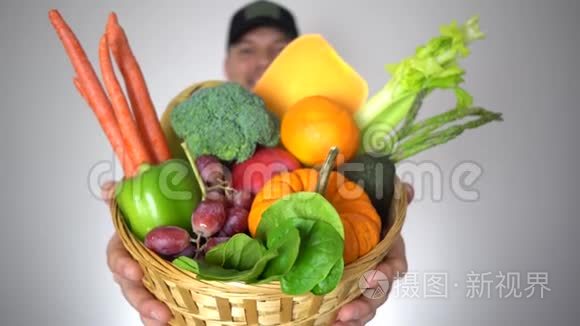 肖像农民手拿篮子新鲜有机水果健康天然蔬菜