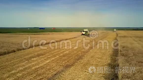 鸟瞰收割机在草地的麦田里运作视频